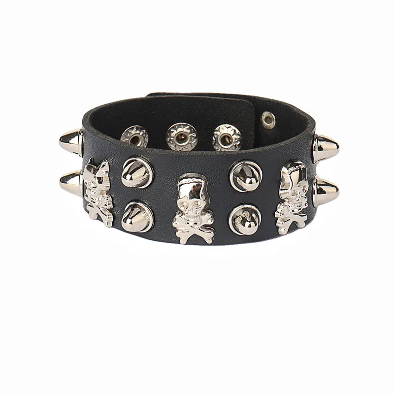 2022 New PU Leather Bracelet Punk Bracelet Adjustable Skull Goth Cuff Bracelet Gothic Rivet Buckle Wristband for Men Women