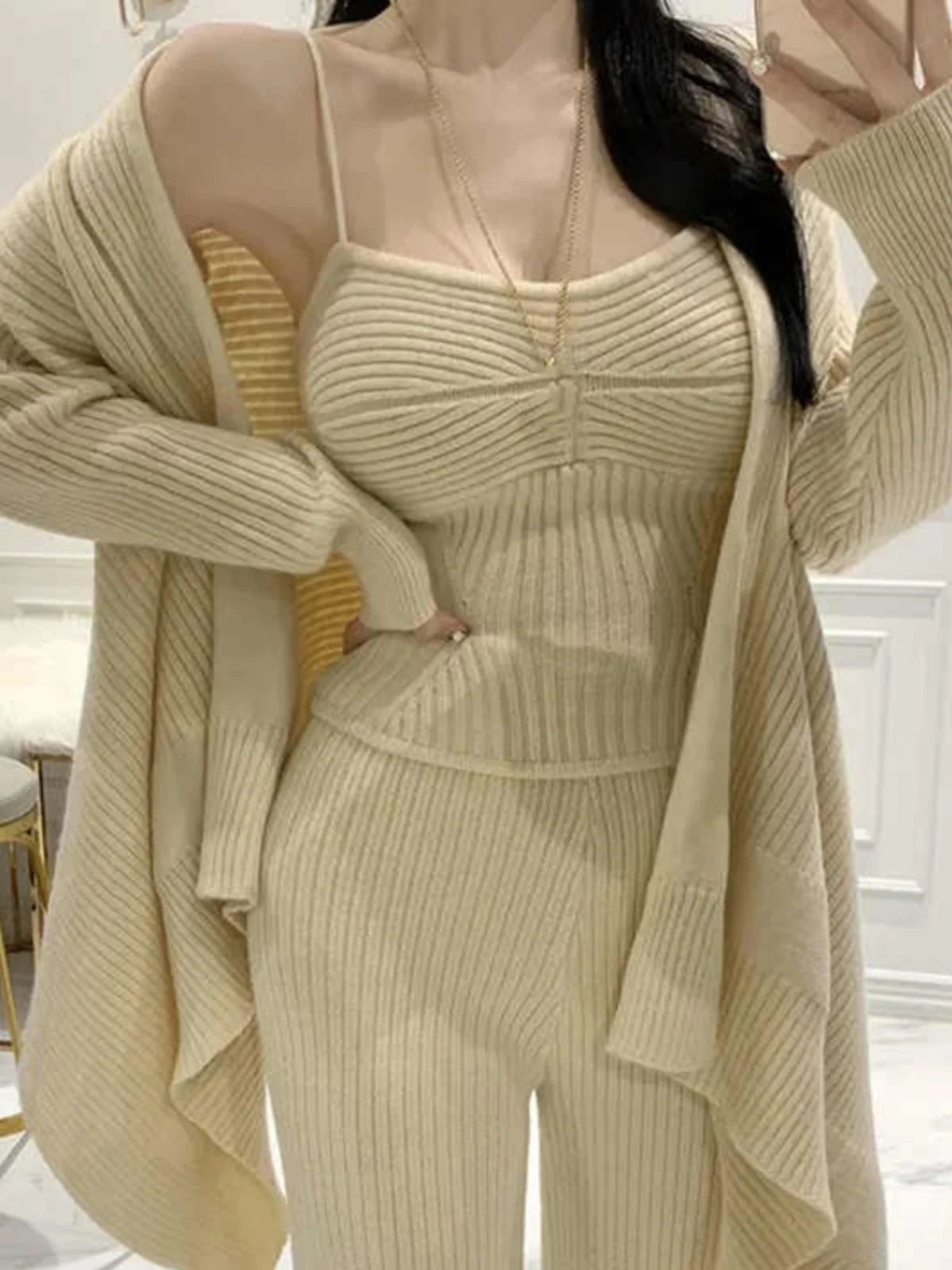 

Women's Thiened Knitted Sweater Cardigan + Csole + High Waist Pants Tee-Piece Set Winter Faion Casual Comfortable