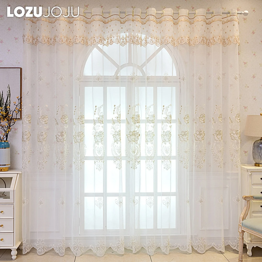 LOZUJOJU White Tulle Curtain Embroidered European Style Voile Sheer Gauze for Bedroom Bay Window Kitchen Home Decor 1PC