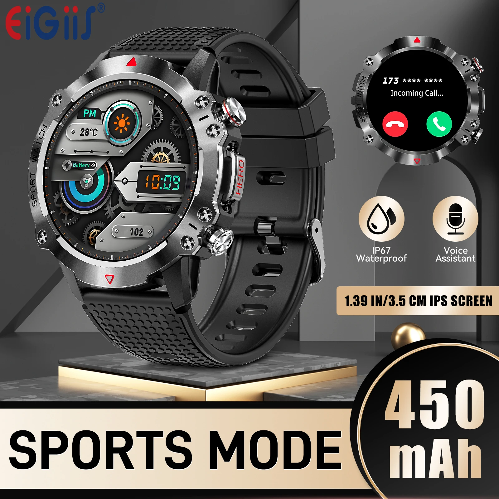 

EIGIIS Sport Smart Watch for Men Make Calls 1.39" HD Big Screen Outdoor Fitness Tracker with 105 Sports Modes Heart Rate Monitor