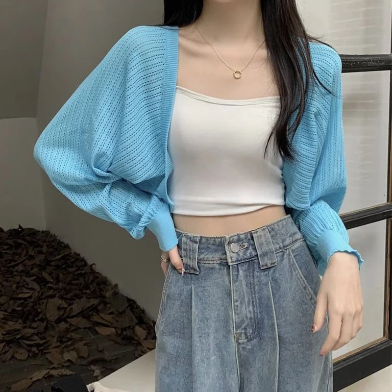 Hollow Out Sunscreen Cardigan Women Fashion Lantern Sleeve Thin Short Knitted Cardigans Woman Elegant Simple Crop Smock Top