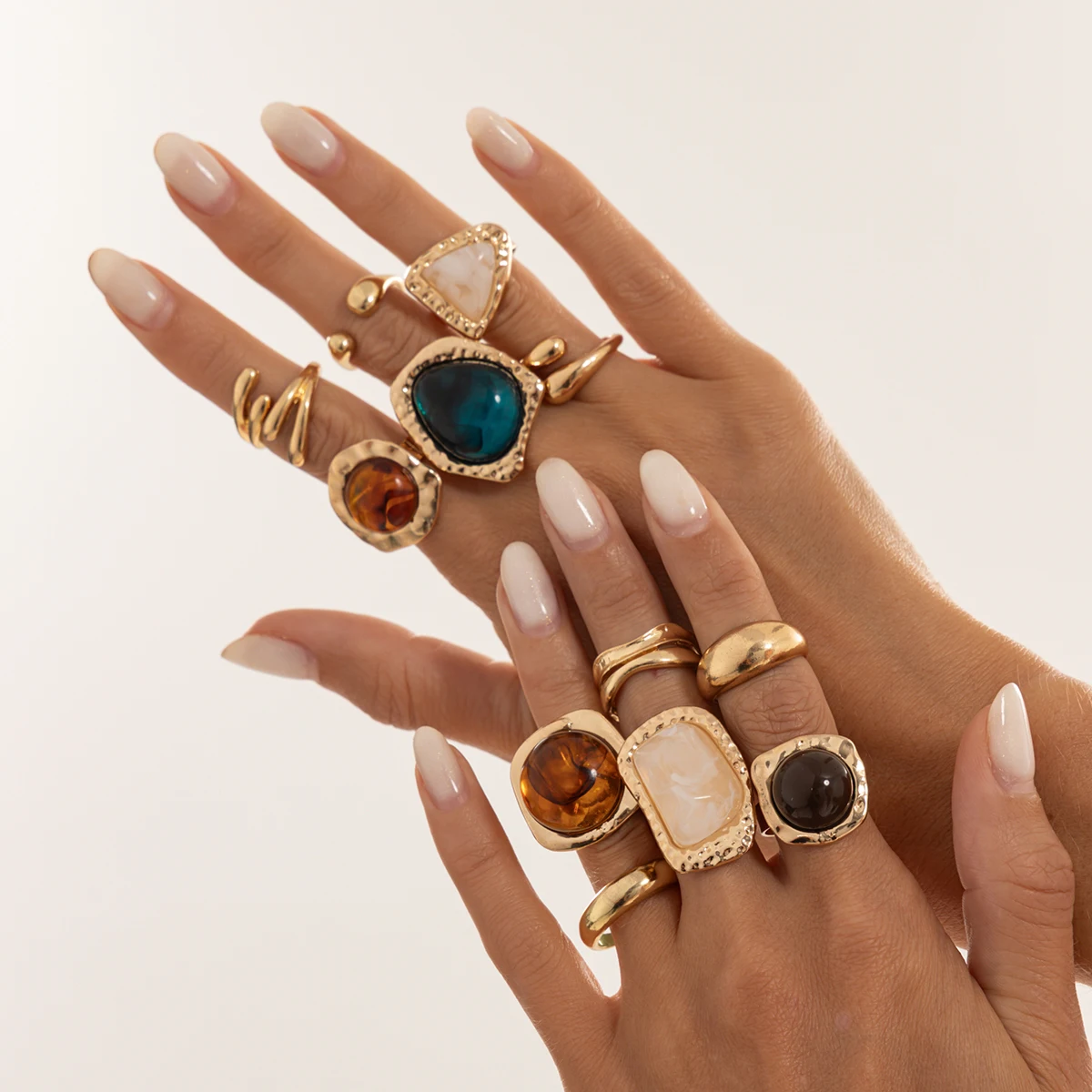 KunJoe 12Pcs/Set Vintage Irregular Gold Color Smudging Inlay Stone Metal Open Rings Women Boho Hammered Stack Ring Jewelry Gifts