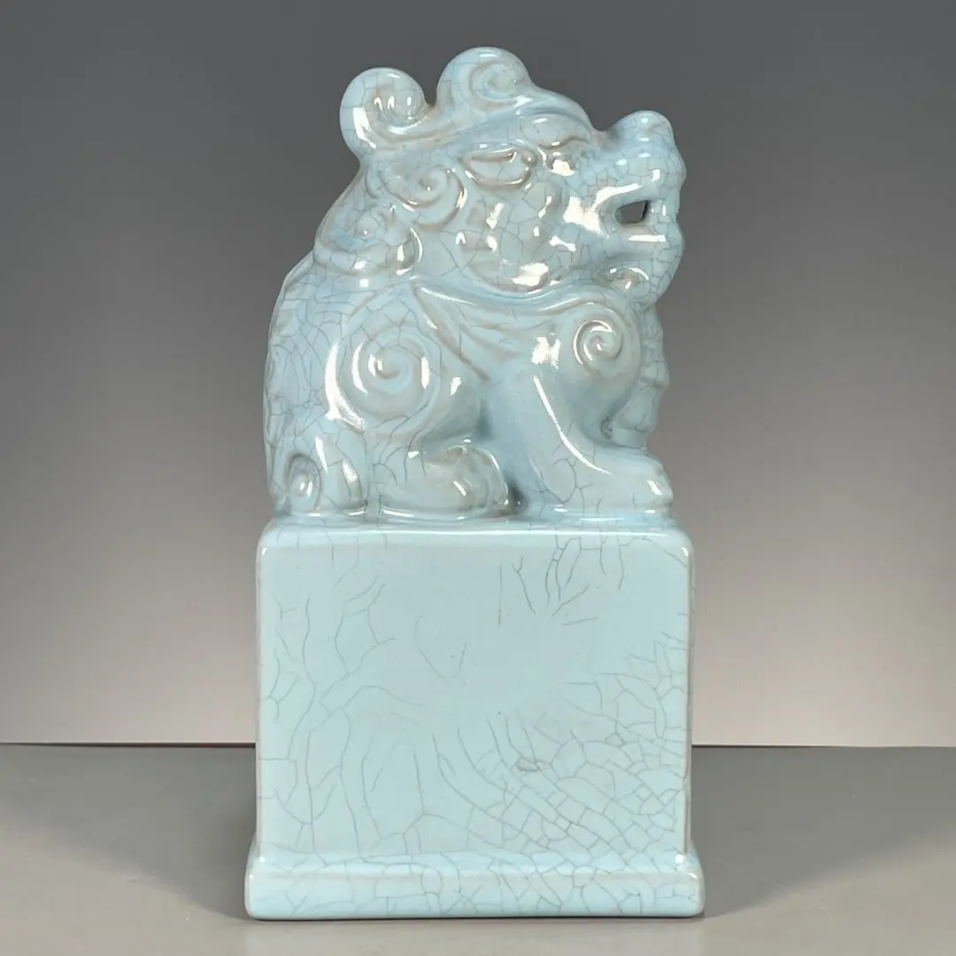 Collectible Ru Kiln Porcelain Seal with Auspicious Mythical Beast Finial