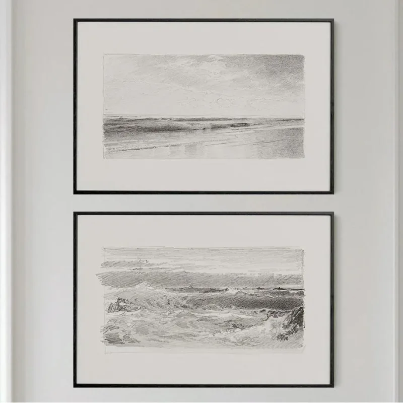 Vintage Coastal Seascape Canvas Print Charcoal Beach Sketch in Retro Minimalist Style Wall Art for Living Room Home Decor Gift