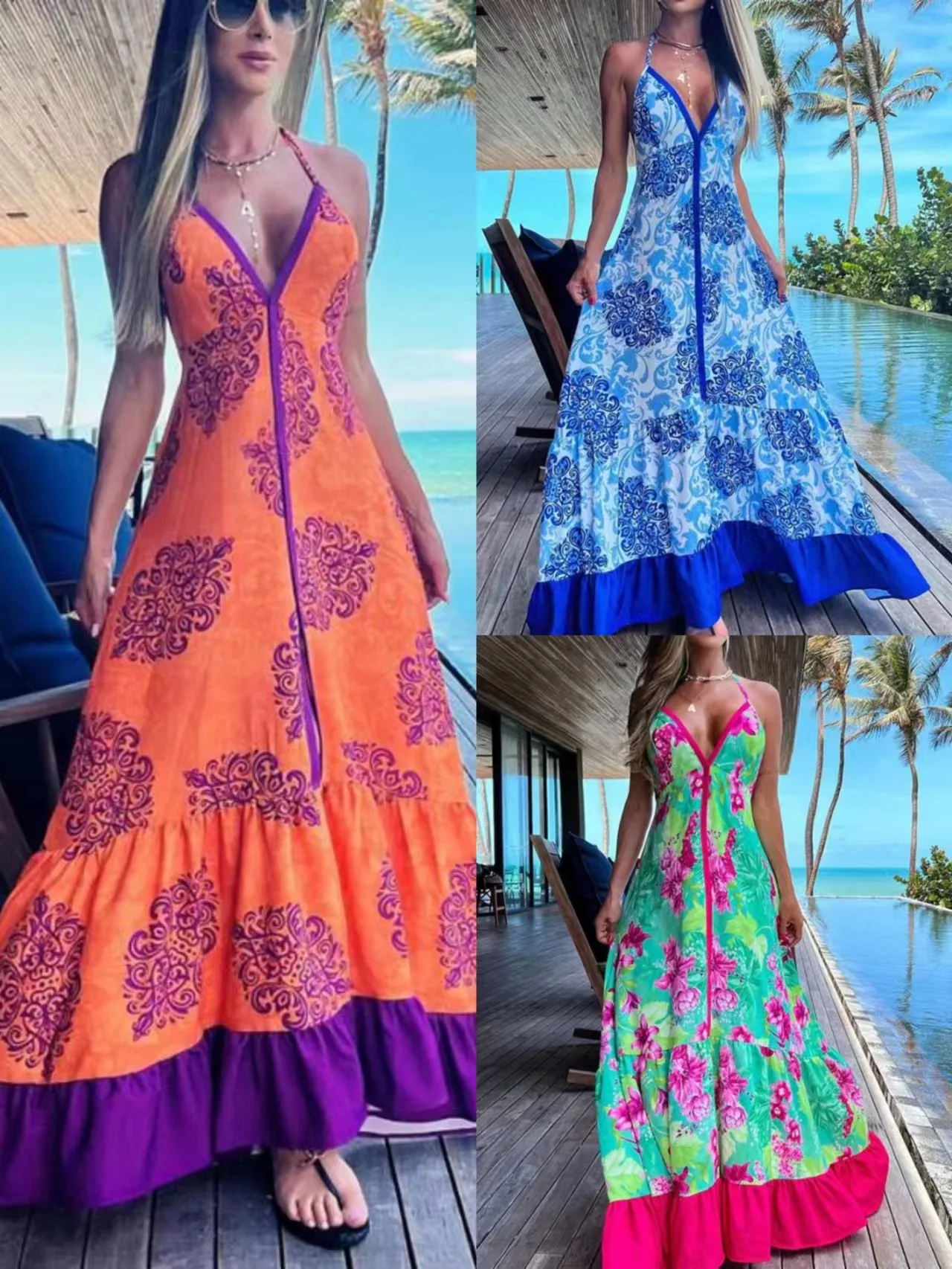 Beach Vaion طباعة الأزهار V-ne ter Dr ثوب حمالة المرأة n Sweet Sle عالية الخصر تنورة طويلة الصيف