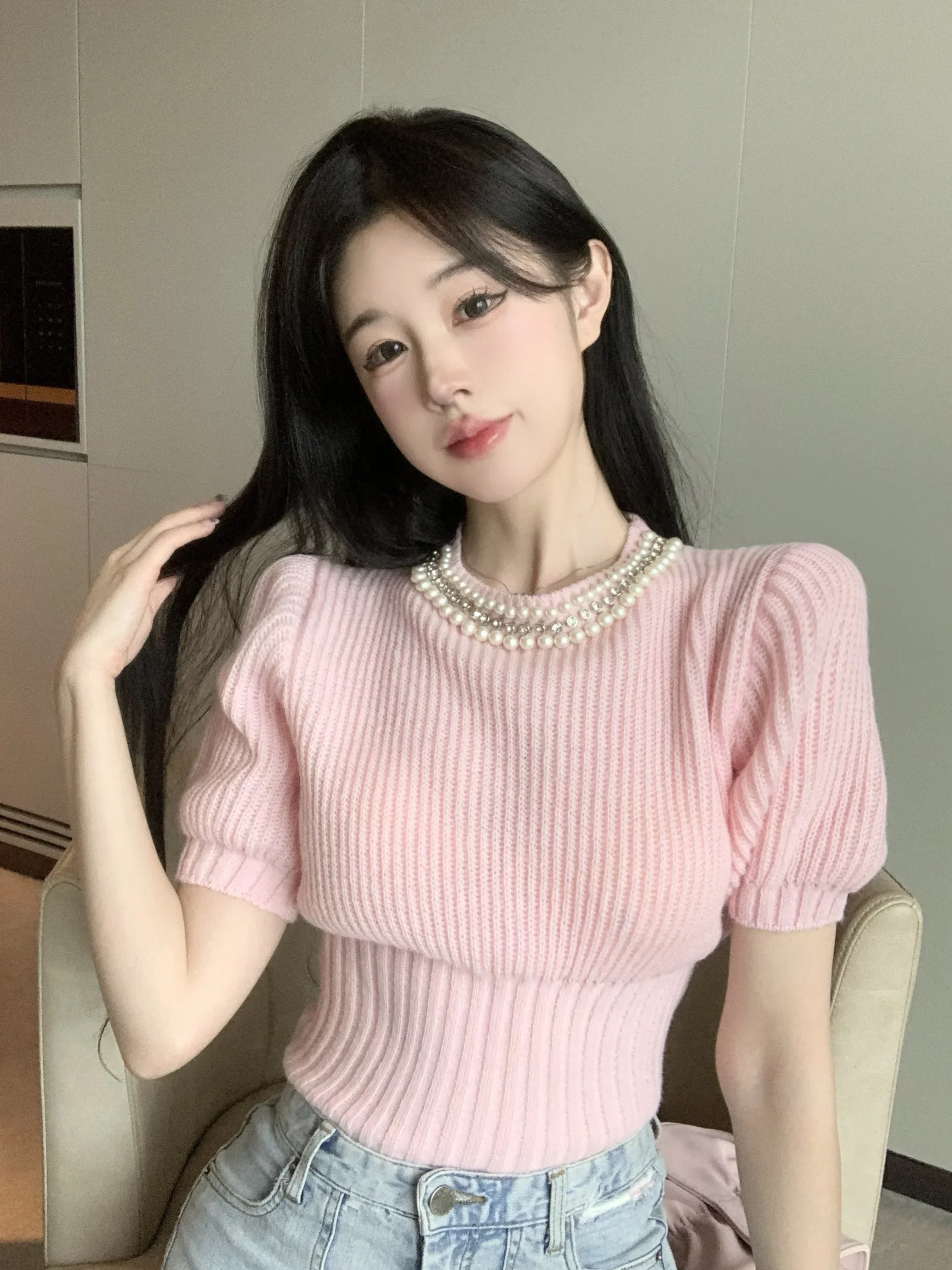 

Милые укороченные пуловеры для женщин, шикарный розовый Sueter Pull Femme, туника с круглым вырезом и пышными рукавами, вязаный свитер, джемпер Y2k, топы