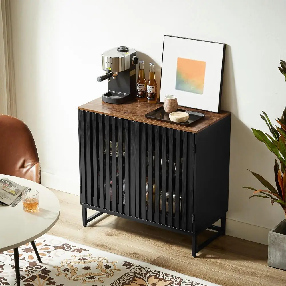 Modern Slatted Grille Cabinet with Striped Door - Stylish Storage Unit with Metal Legs