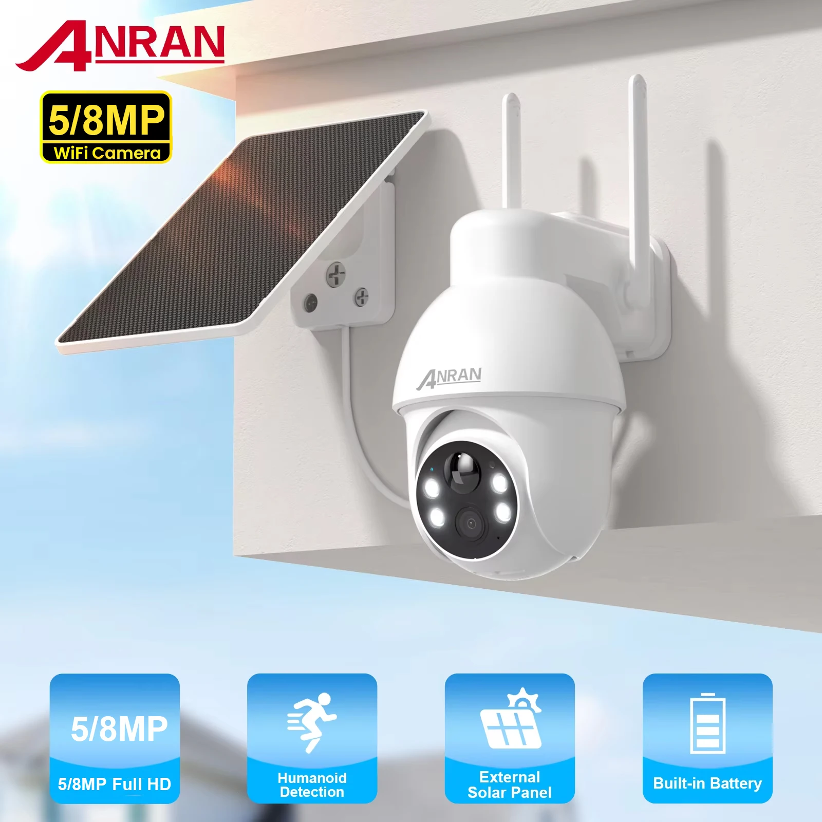 Caméra solaire ANRAN 4K 8MP, caméra WIFI 3K 5MP 2.4G, caméras extérieures à batterie, caméras de sécurité pour la maison, détection humaine PIR, vision nocturne couleur, audio bidirectionnel