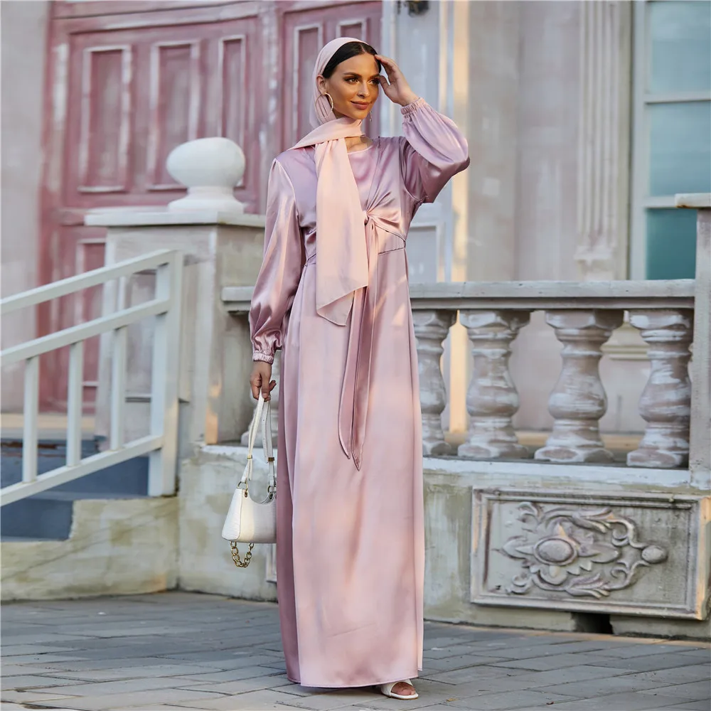 Fashion Muslim Kimono Abaya Ramadan Dress Dubai Turkey Eid Islamic Loose Comfortable Elegant Satin Surface Dresses for Women