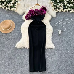 Elegant Diagonal Collar Vintage Sleeveless Chic Three-dimensional Floral Slim Dresses French Evening Women High Street Clothing