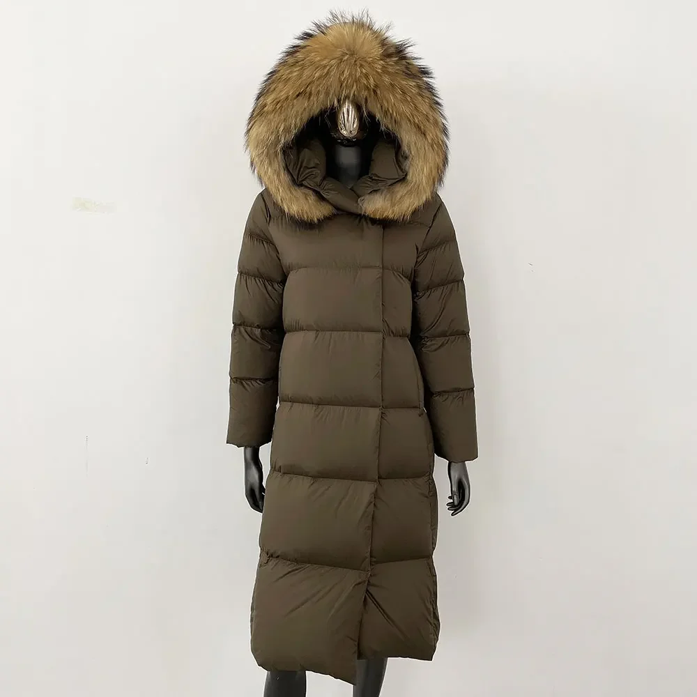 CXFS 2025 겨울 여성 코트 리얼 천연 여우털 칼라 두꺼운 따뜻한 롱 재킷 캐주얼 화이트 덕다운 벨트 신상 후드 아우터