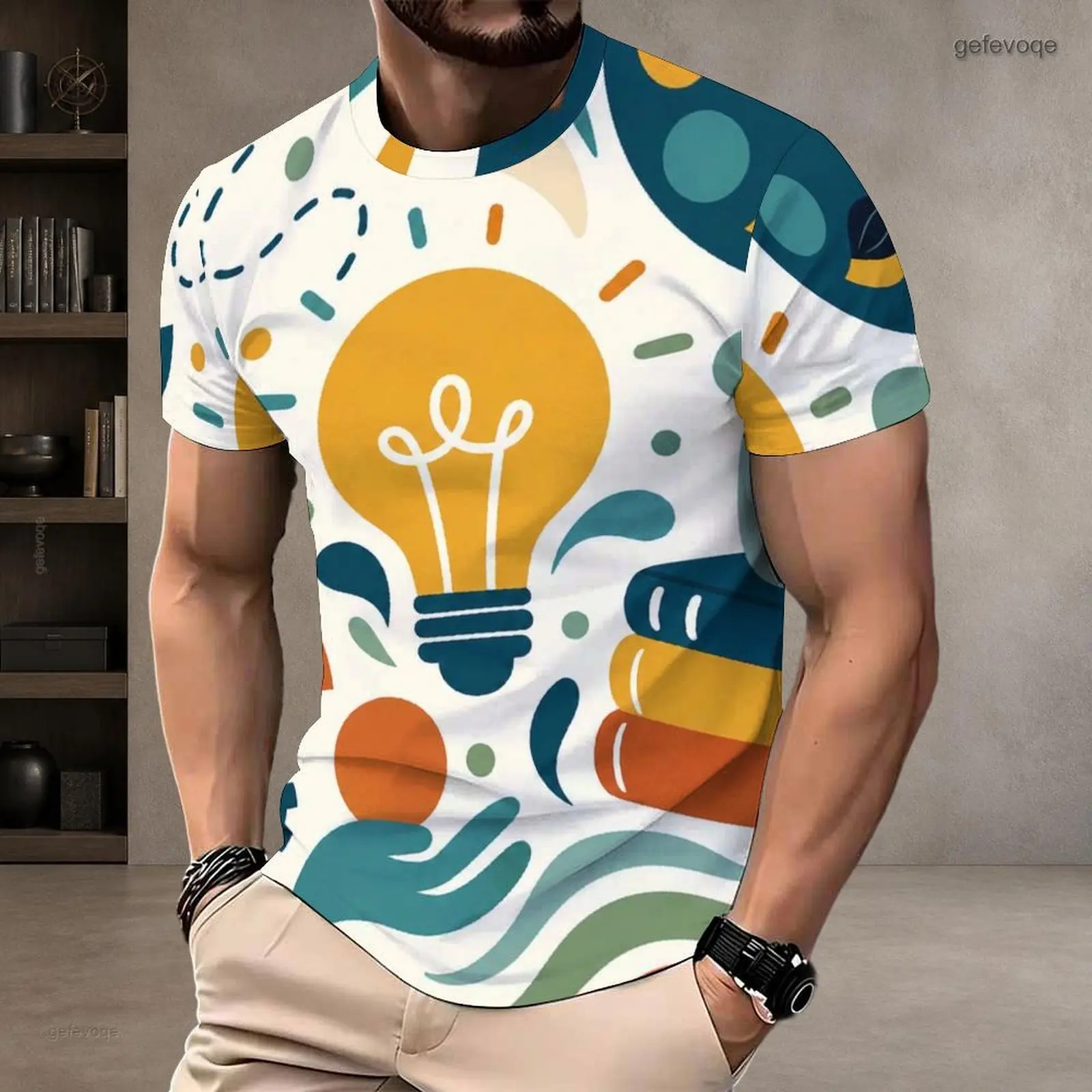 Men Round Neck Short Sleeve T-Shirt, Printed Light Bulb Stacked Books Abstract Doodle Graphic Top