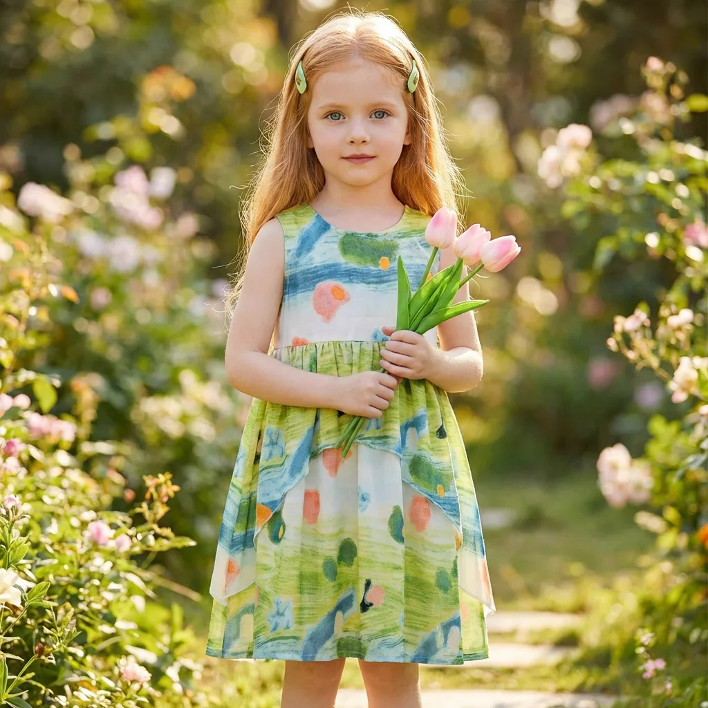 Ärmelloses Kleid mit Blumen-Graffiti-Öl-Print für Mädchen – Sommerliches Freizeitkleid für 3–7 Jahre, Partykleidung für Kleinkinder, Kleidung für Kleinkinder