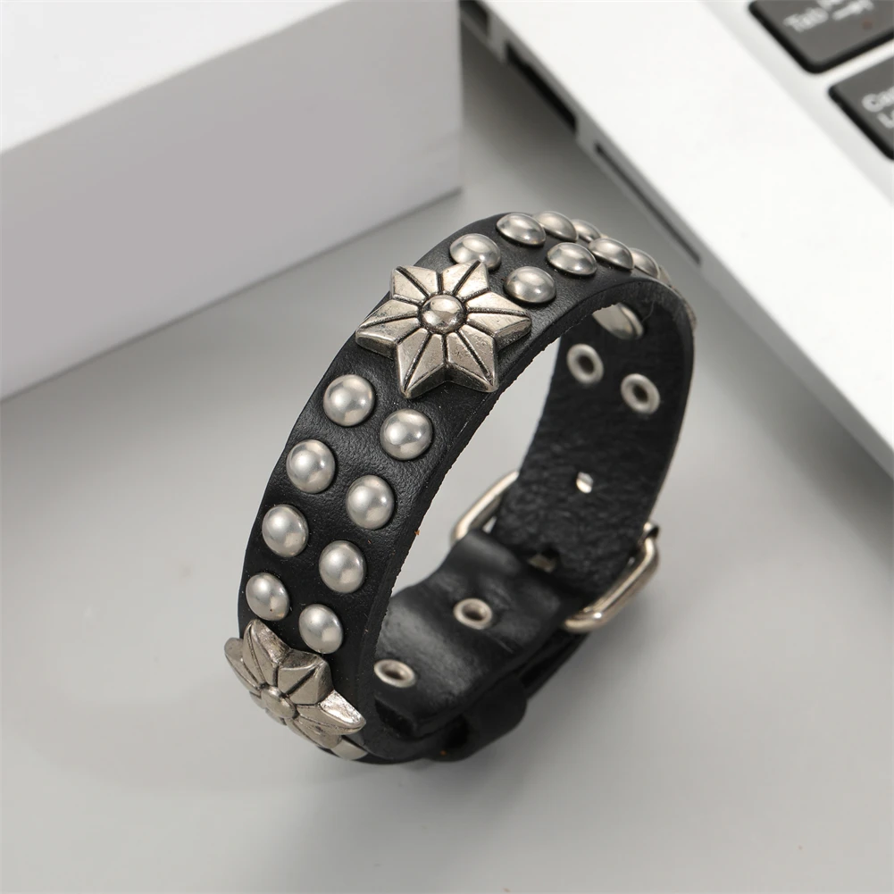 2024 Trend Jewelry Handmade Weave Genuine Leather Bracelet Men Vintage Cuff Wide Leather Star Bracelet Pulsera Hombre