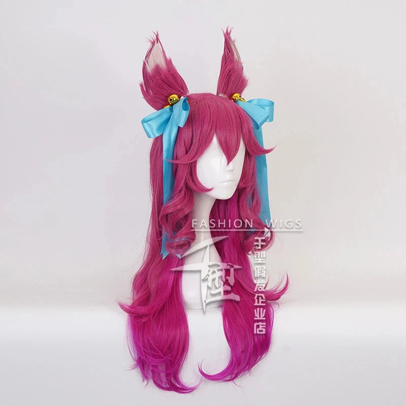 High Quality Spirit Blossom Ahri Cosplay Wig With Ears Long Curly Wavy Heat Resistant Synthetic Hair Anime Wigs + Wig Cap