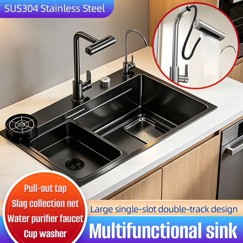 Multifunctional Pull-out Waterfall tap Kitchen Sink 3.0mm Thickened 304 Stainless Steel Large Slag collection net Quick drainage