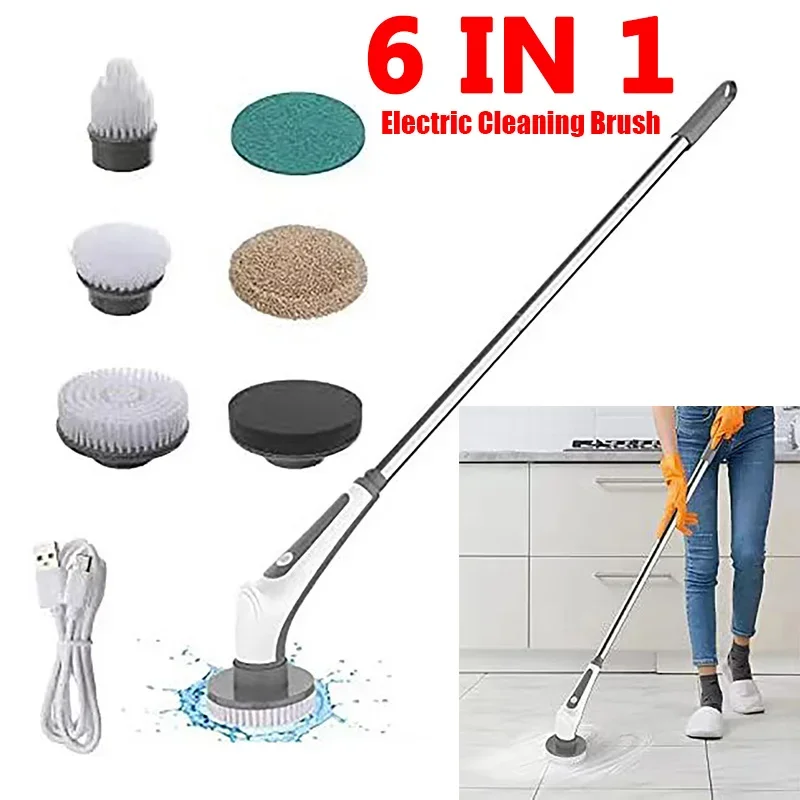 6 In 1 Wireless Electric Cleaning Turbo Scrub Brush Window Wall Cleaner Adjustable Cleaning Brush Bathroom Kitchen Cleaning Tool