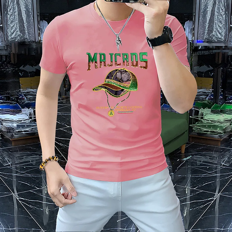 

Summer New Silk Cotton Men's Short Sleeve T-Shirt round Neck Comfortable Breathable Half Sleeve Hooded Heavy Embroidery T-Shirt