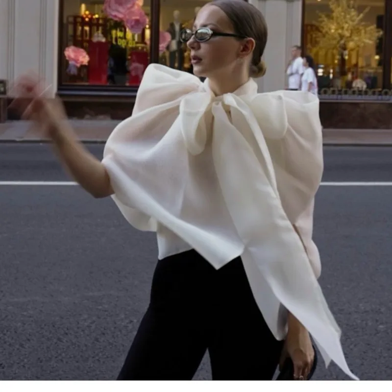 

Женская блузка-рубашка с бантом и воротником-стойкой, плиссированная, с разрезами, в уличном стиле, свободного кроя, повседневная, весенняя