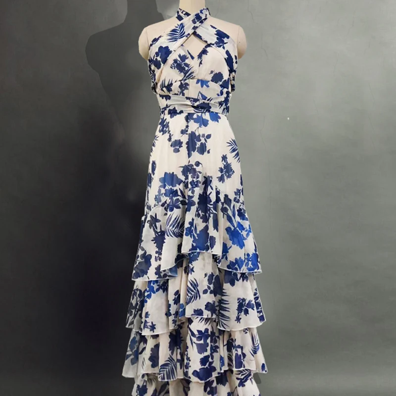 Impressão feminina verão vestido longo halter sem mangas cintura alta praia vestido de verão fora do ombro oco para fora em camadas maxi vestidos femininos