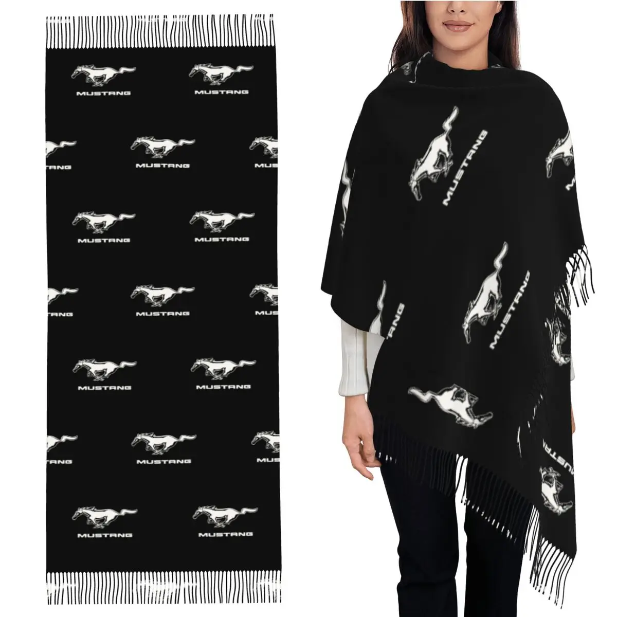 

Ford Mustang Logo Scarf Tassel Scarves Women Soft Warm Shawls and Wraps Large Fall Winter Shawl Wrap