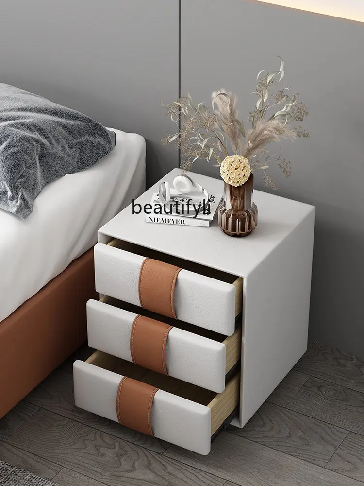 Bedside Table Modern Minimalist Bedroom Storage Nordic Solid Wood Leather Italian Style Storage Three Commode