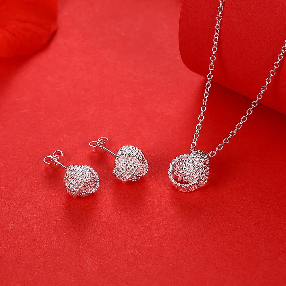 Hot 925 Sterling Silver Fine ball Wisiorek naszyjnik kolczyki sztyfty dla kobiety wysokiej jakości zestawy biżuterii Moda Impreza prezenty ślubne