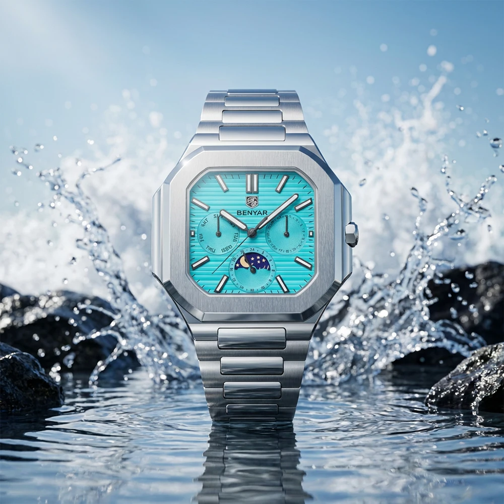BENYAR Men's Square Quartz Watch Tiffany Blue Dial Moon Phase Calendar Chronograph Stainless Steel Waterproof Sports Wrist watch