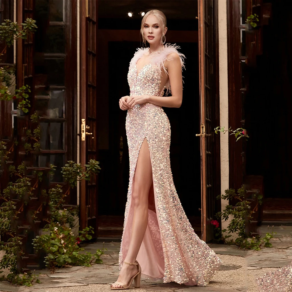 

Luxury Sequins Celebrity Dresses Spaghetti Strap Feather Side Split V-neck Mermaid Evening Party Soirée Pink Blue Prom Gowns New