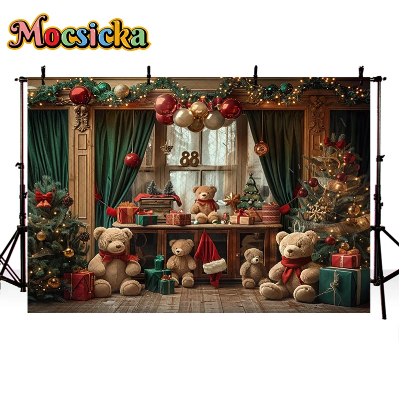 Mocsicka Christmas Window Photography Background Bear Gift Box Wreath Decor Child Portrait Holiday Party Photo Backdrop Studio