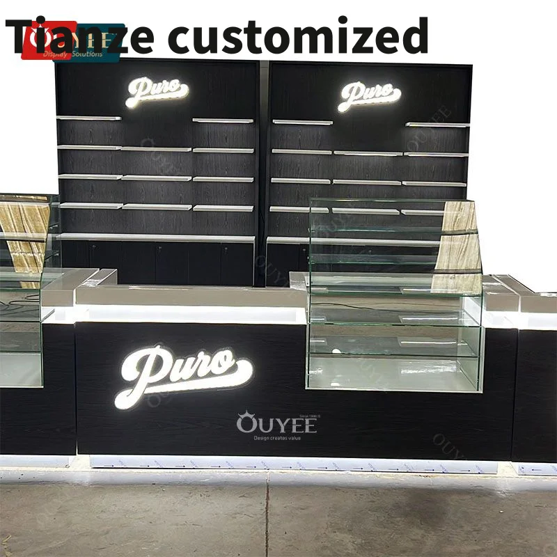 

Customized-glossy paint countertop display racks cigar shop display showcase short glass display smoke shop shelves with LE