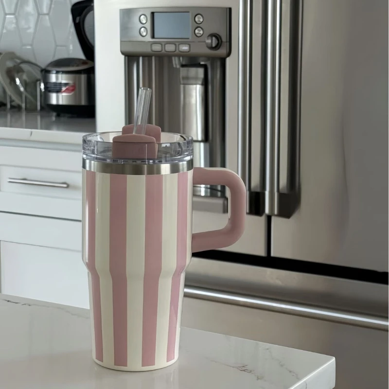 جديد مخطط 20 أوقية مقبض سيارة كوب 304 ترمس من الفولاذ المقاوم للصدأ كوب المحمولة كوب بقشة زجاجة ماء الموضة التخييم فنجان القهوة
