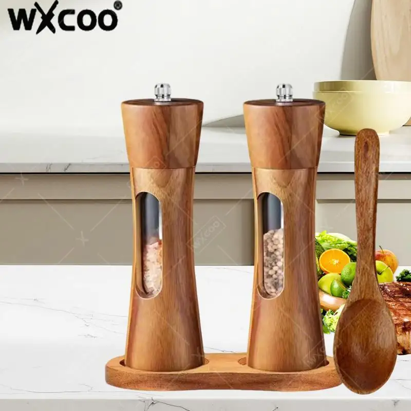 

WXCOO деревянный шейкер для мельницы, регулируемый керамический сердечник, шлифовальная бутылка с основанием, мельницы для соли и перца для кухни, приготовления барбекю