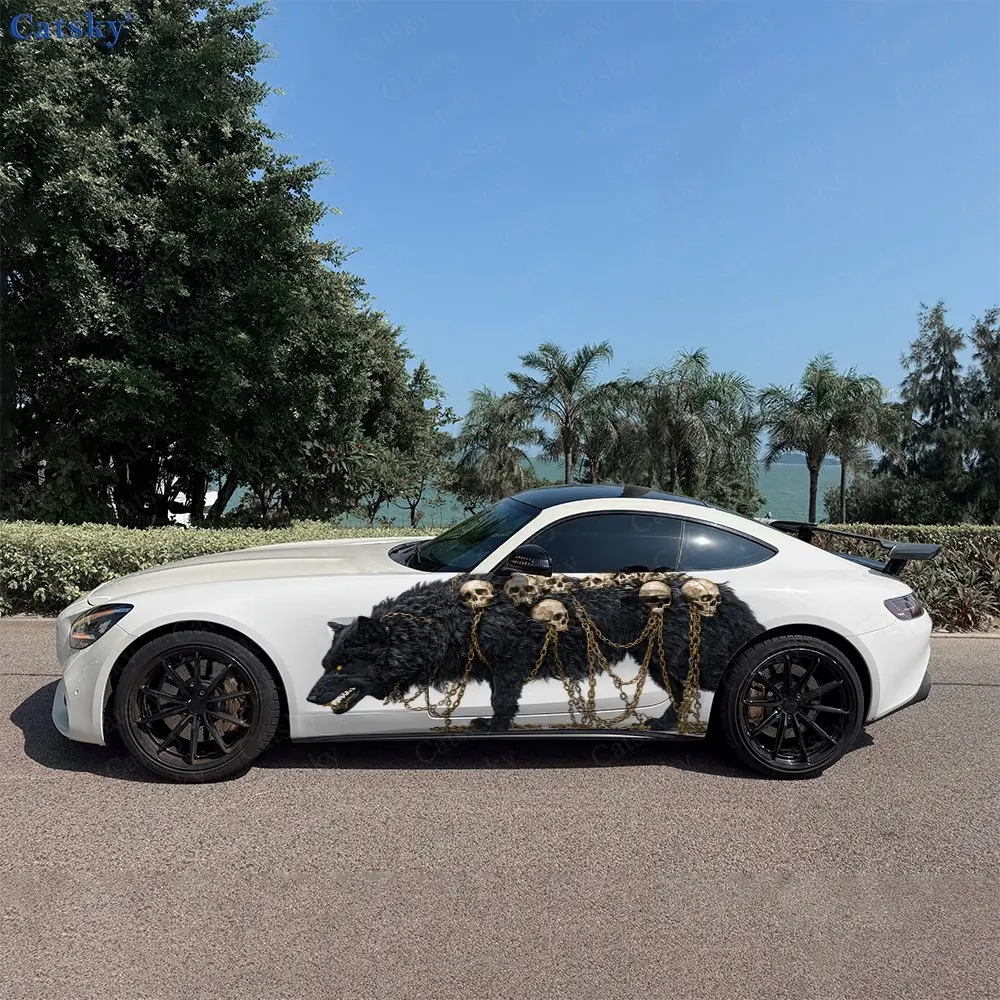 2pcs Wolf With Golden Chains & Skulls Car Side Wraps, Self-Adhesive PVC Waterproof & Scratch-Resistant Stickers, Car Accessory