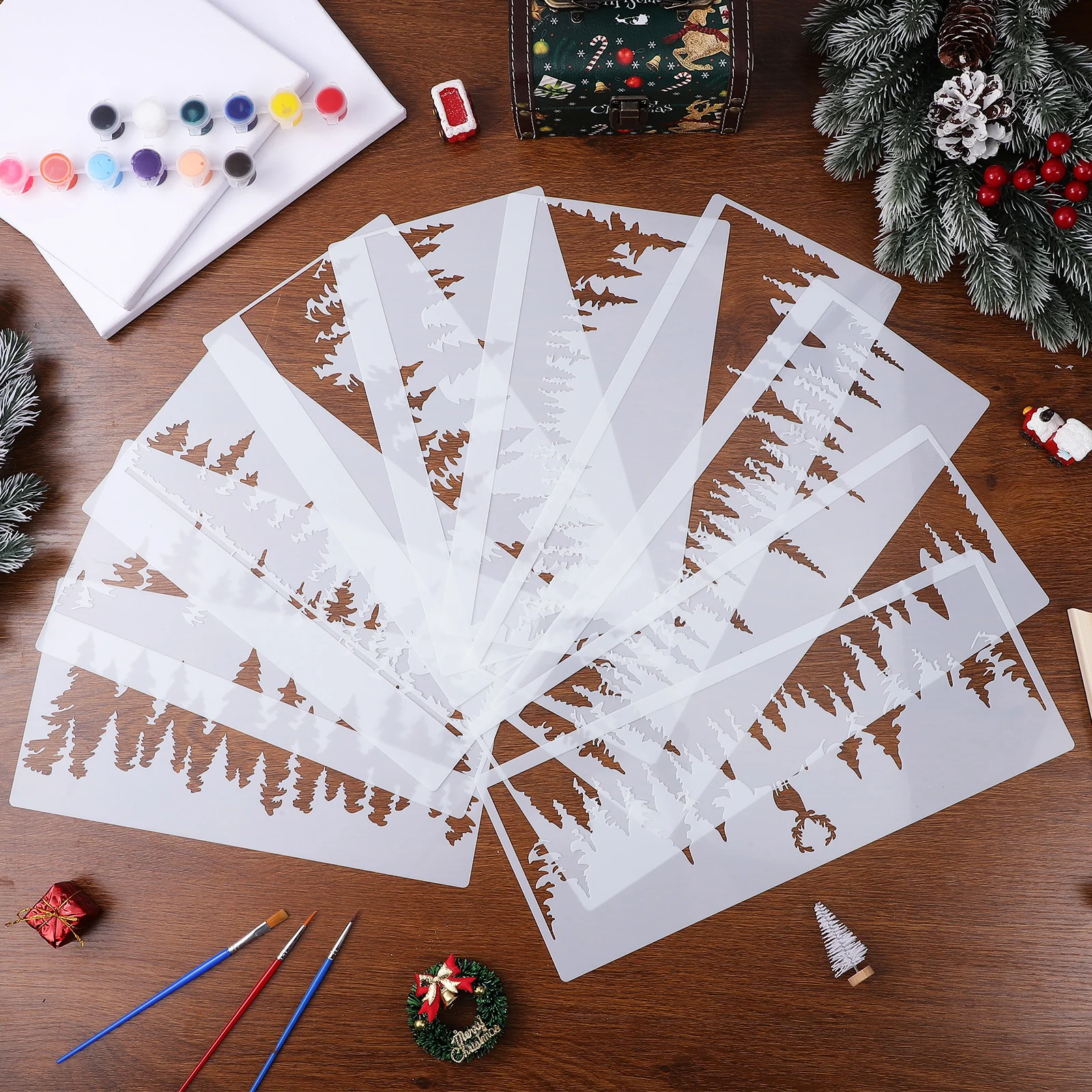 

10Pcs Painting Templates Tree Stencils Reusable for Wall Canvas Wood Craft Projects Christmas Tree Design Stencils for Adults