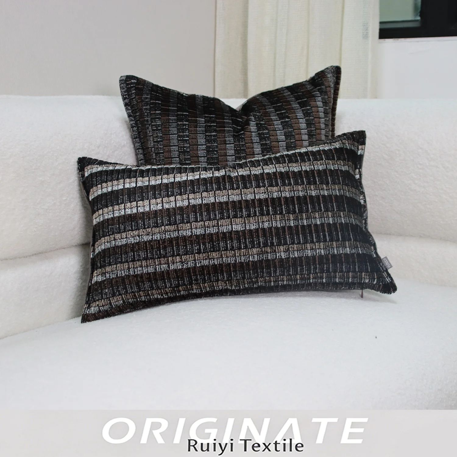 Mid Century Mixed Color Stripe Throw Pillow Cover Lumbar Pillow Black Coffee Grey Retro Cut Velvet Fabric For Sofa Bed Show Home