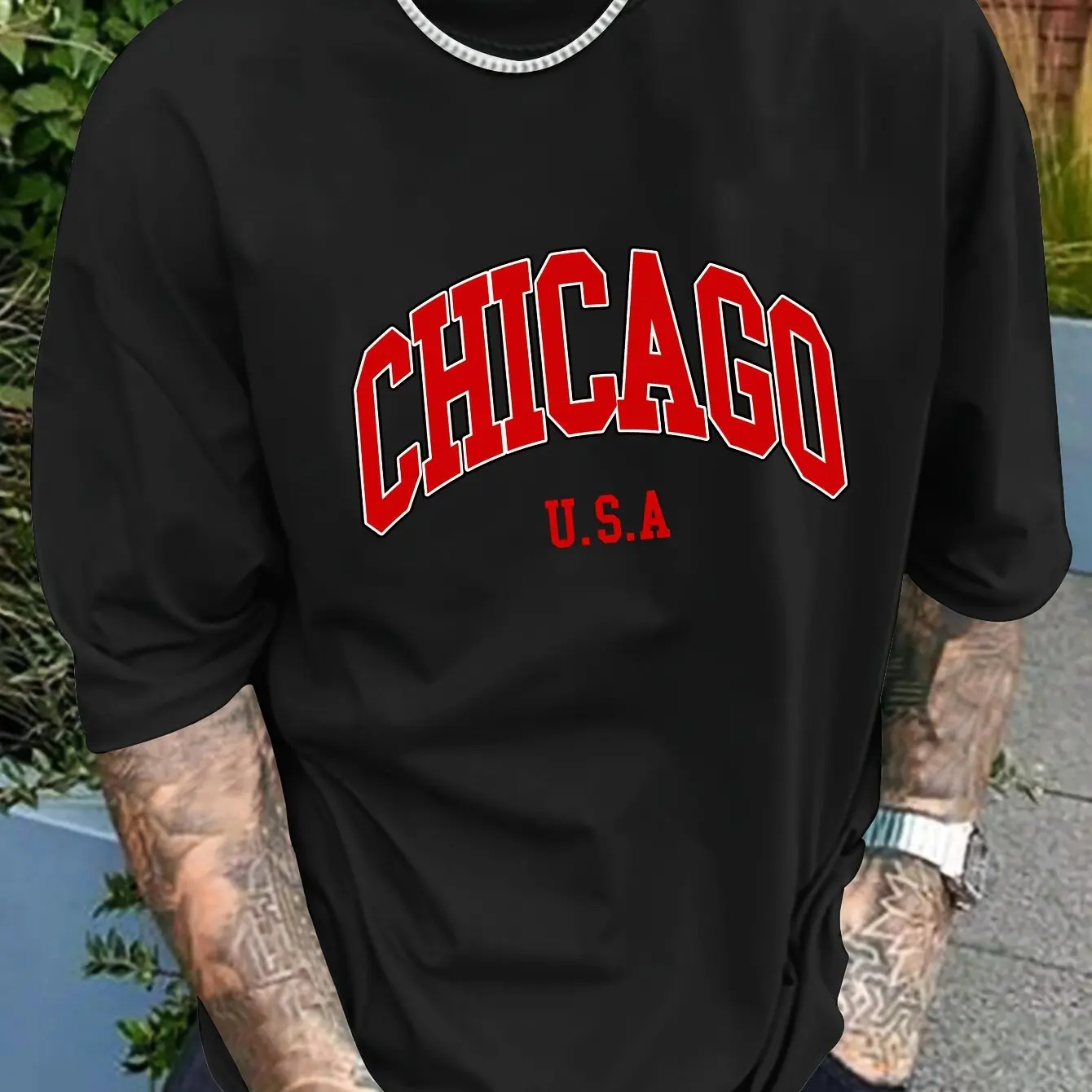 Chicago USA Graphic T-Shirt Bold Red Text 100% Cotton Short Sleeve Crew Neck Casual Top for Men and Women