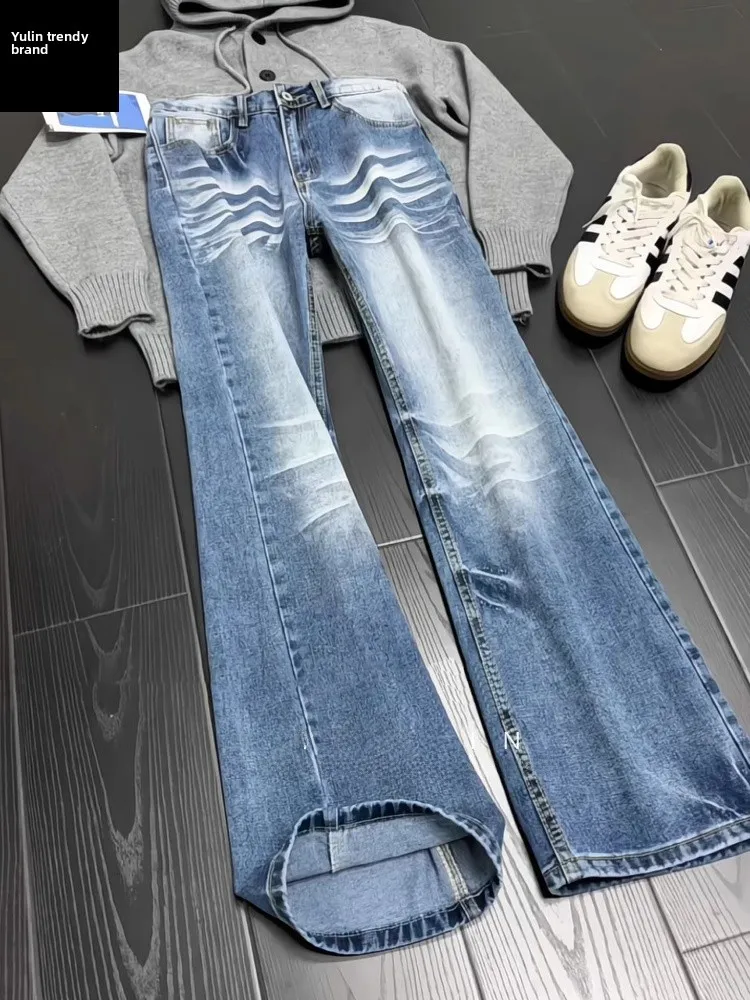 

Мужские джинсы из денима с эффектом потертости, прямой крой, повседневные, свободные, в американском стиле, для весны, лета, осени, зимы