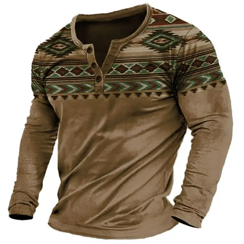 

3D Vintage Print Men's Henley T-Shirt Autumn Long Sleeve Henry Collar Button Pullover Loose Breathable Daily Casual Male Clothes