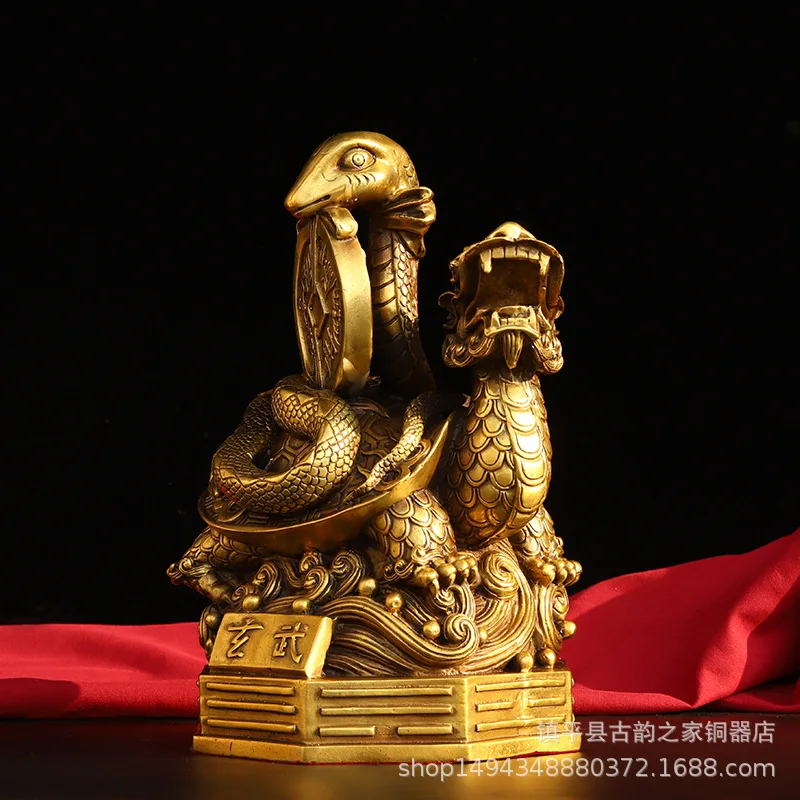 

Brass Xuanwu Ornament Pure Copper Snake Dragon Turtle Decoration Home Living Room Office Shop Desktop Decor Craft