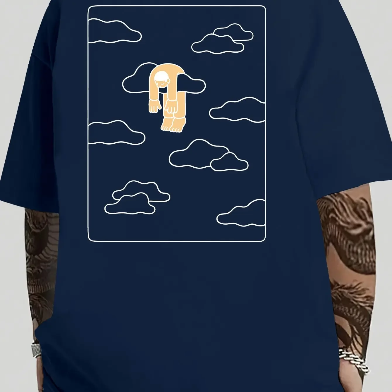 High-quality Pure Cotton Men's T-shirt with Abstract Lazy Cloud Sketch Print, Breathable Everyday Men's T-shirt.