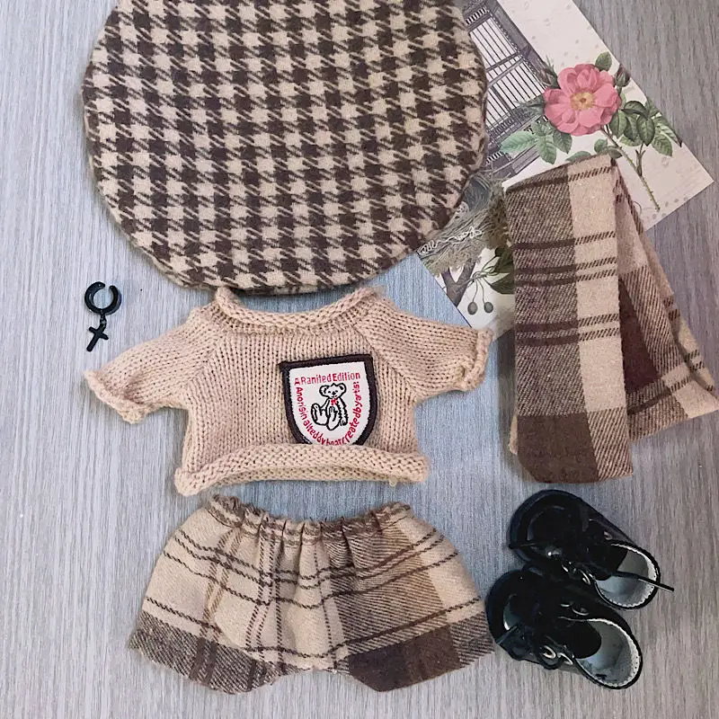 20 cm Babykleidung, brauner Pullover, karierter Schal, Set, Brille, Baumwolle, Babykleidung