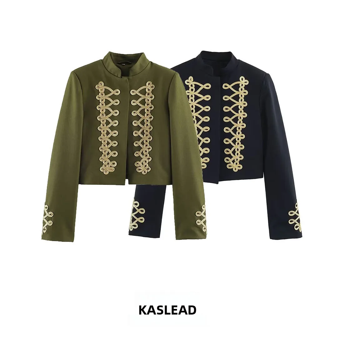 KASLEAD Women's Short Suit Jacket Knot Buckle Design European Style Polyester Fiber Long Sleeve round Neck Coat