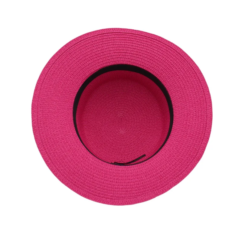 Sombrero plano de paja para mujer, sombrero para el sol, playa, vacaciones en la playa, red roja, cinta de lazo