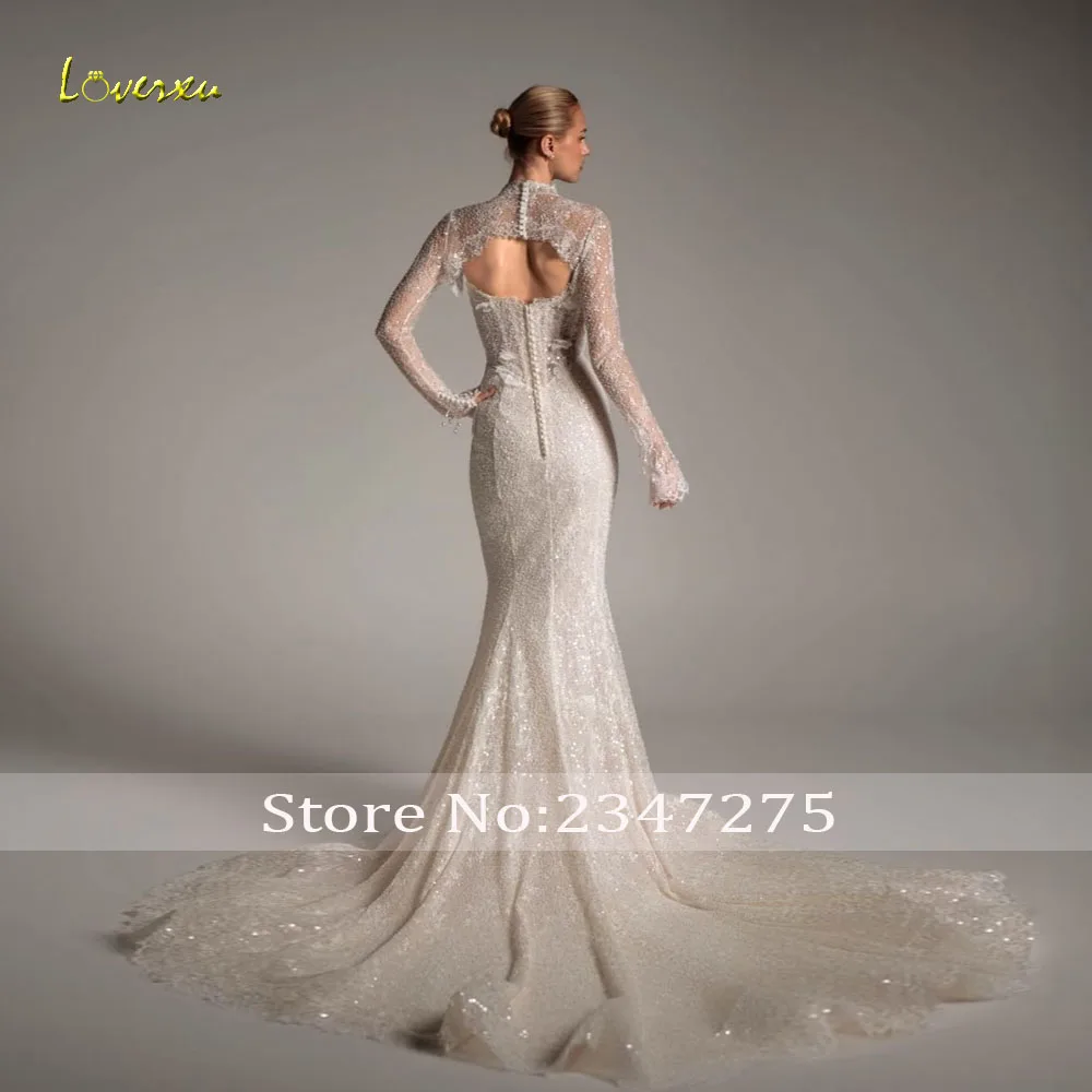 Loverxu Mermaid Sexy Wedding Dresses High Neck Long Sleeve Vestido De Novia Lace Embroidery Glitter Custom Made Bridal Gown