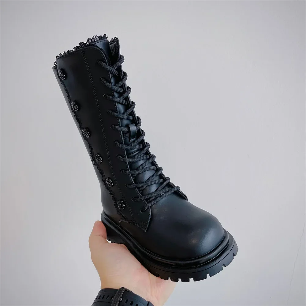 Autumn/Winter ZIP Fashion Cool Baby Girls Warm Square Heel Round Toe Casual Lace-Up Comfortable Kids Black Mid Boots