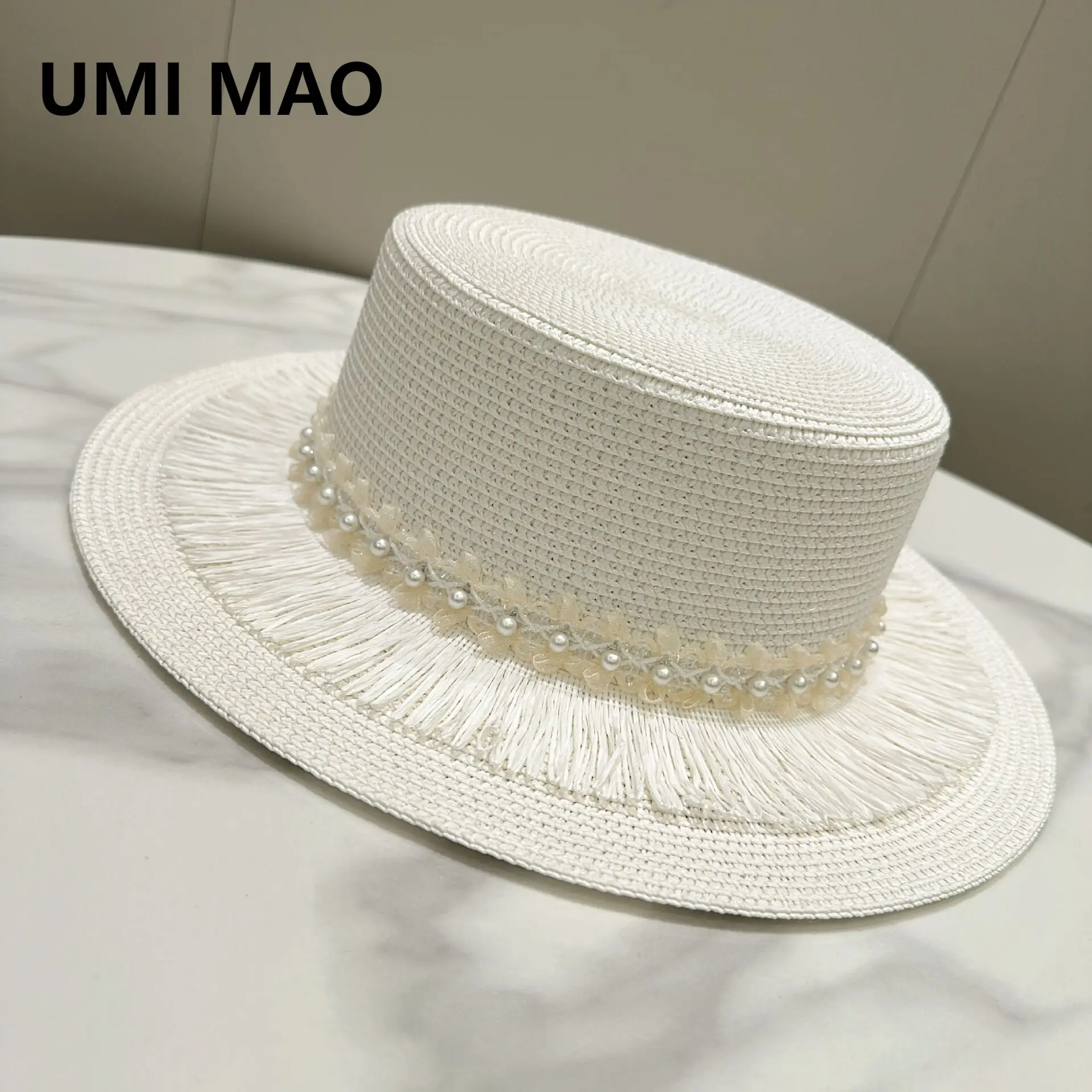 

UMI MAO Французская элегантная соломенная шляпа с плоским верхом, украшенная жемчугом, кружевной солнцезащитный козырек, женская весенне-летняя шляпа в британском стиле