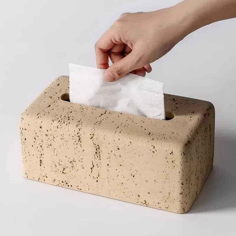 

Modern Cave Stone Tissue Box Holder Living Room Contemporary Light Luxury Table Creative Beige Tissue Paper Cover INS