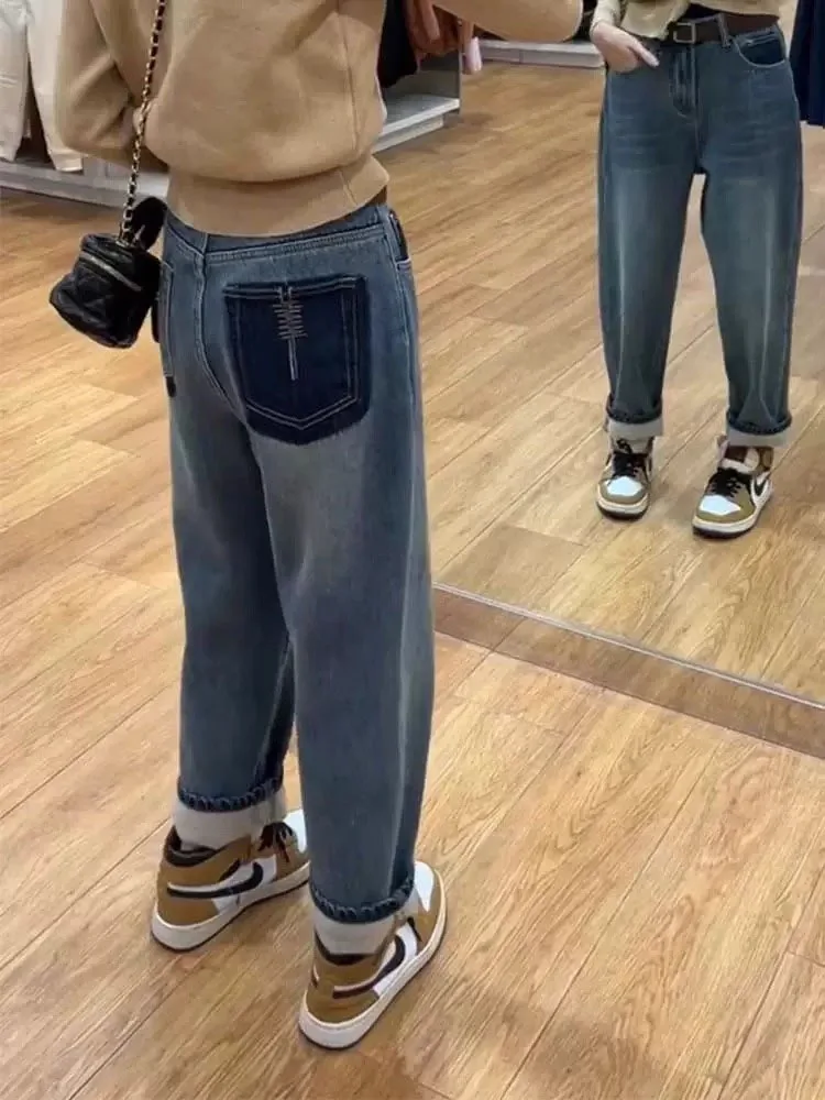 レトロハイウエストルーズハーランジーンズレディースプラスサイズ梨体型体型スリムデニムパンツ秋新作大きいサイズ