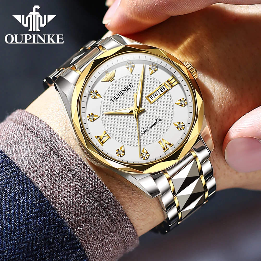 OUPINKE 3243オリジナル高級ステンレススチールメンズ腕時計自動巻き機械式防水夜光サファイアミラー